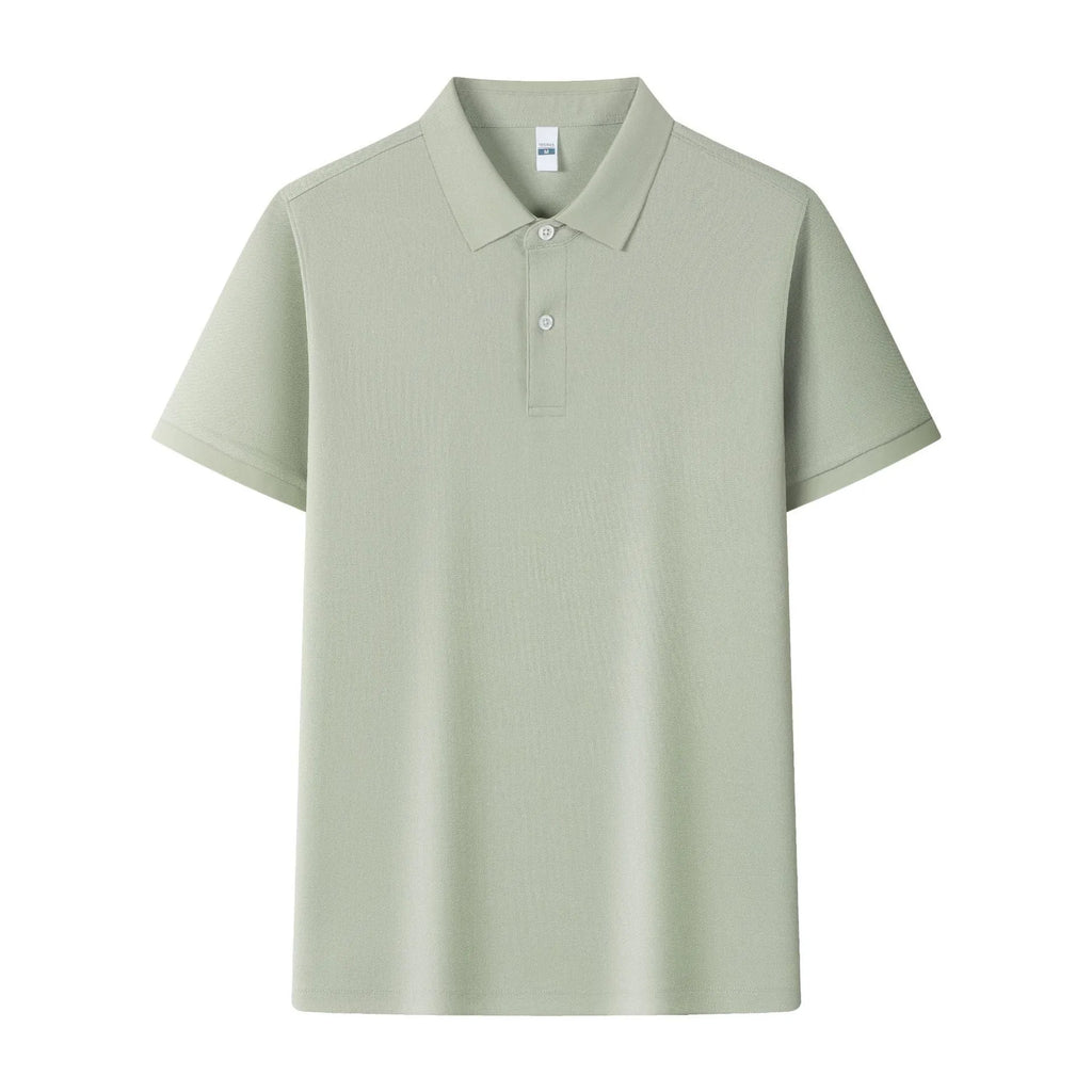 Man's light blue ice silk polo shirt with a lapel collar on a hanger.