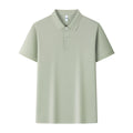 Man's light blue ice silk polo shirt with a lapel collar on a hanger.
