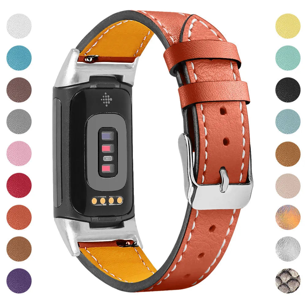 Genuine cowhide leather replacement strap for Fitbit Charge 5 and Charge 6 smartwatches in various colours.