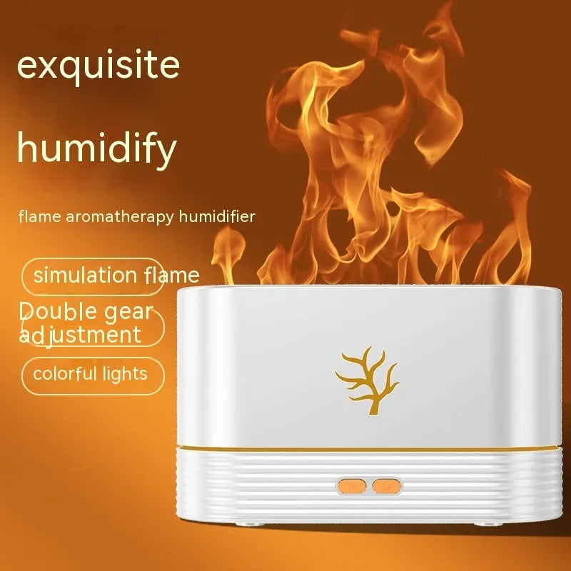 White square flame humidifier with LED fire simulation and USB power cable