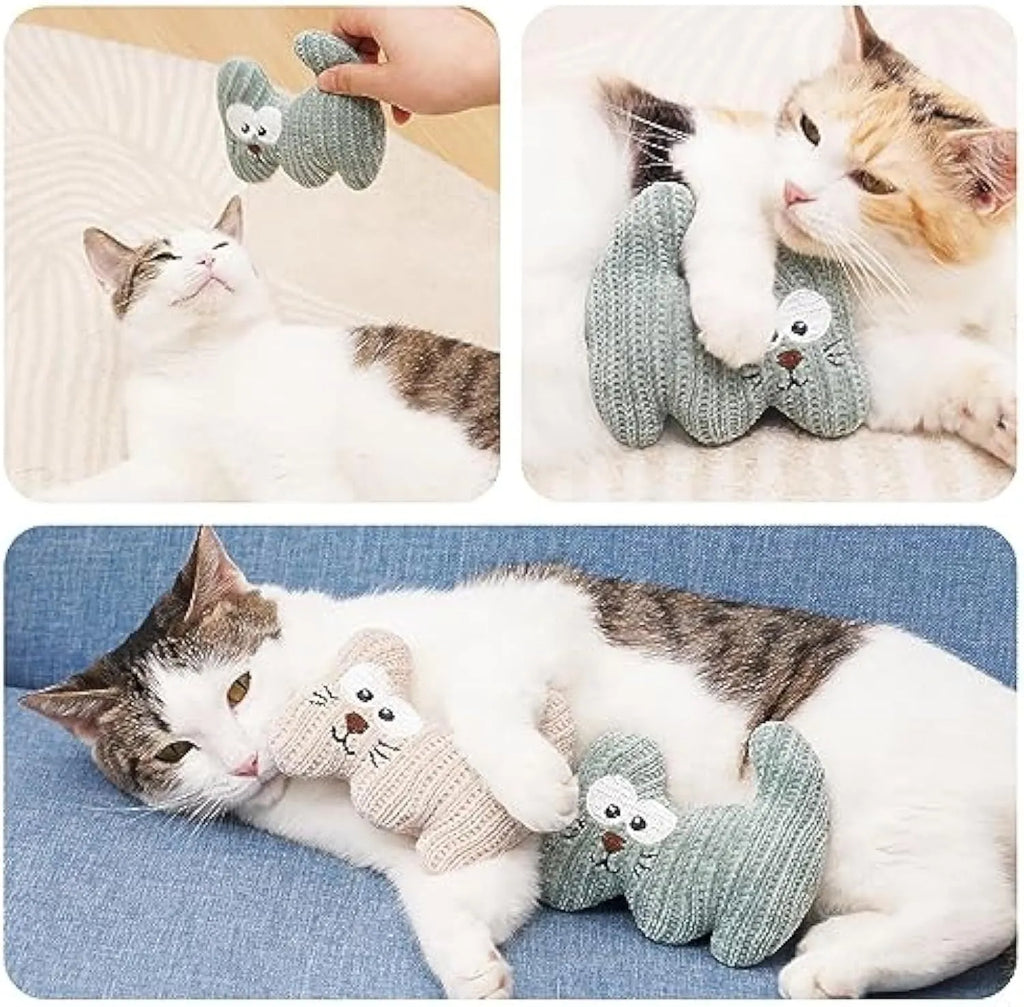 Cyan and light coffee coloured plush cat toys with bells and catnip, measuring 12 by 11 cm.