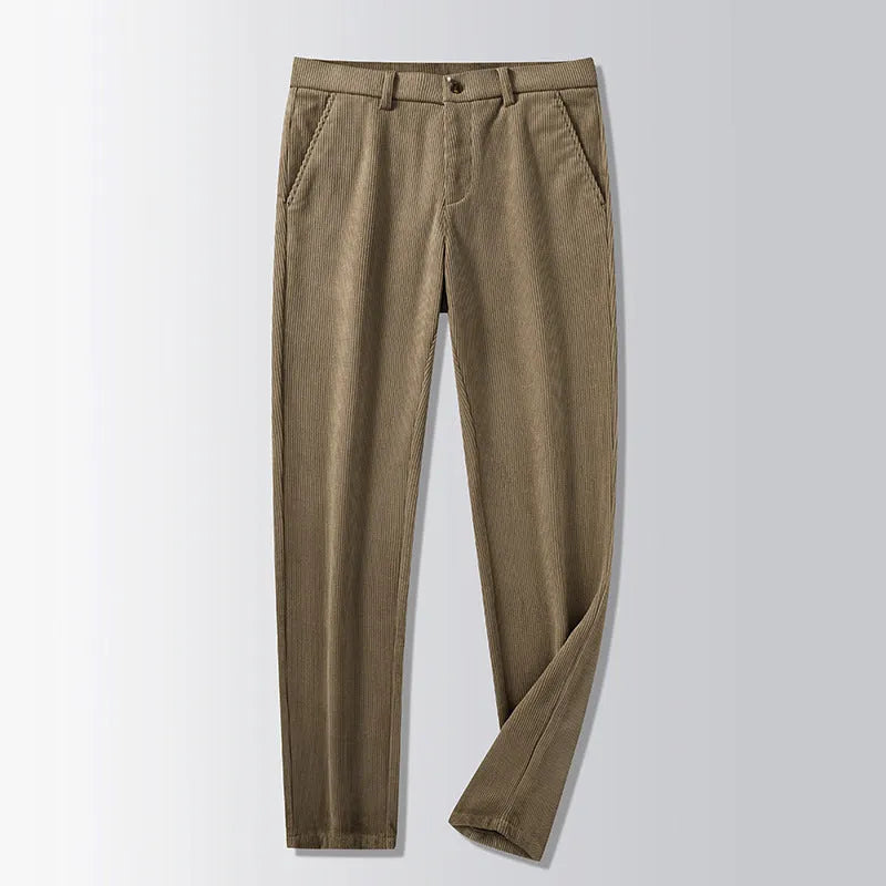 Straight-leg striped trousers in a khaki colour, showing the zip fly front and classic fit.