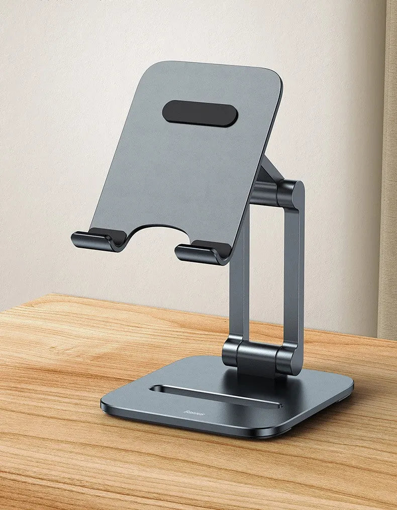 Deep space grey aluminium folding stand holding a tablet at an angle.