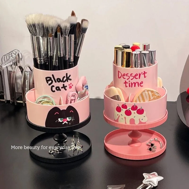 Japanese style rotating cosmetic brush storage barrel in beige colour with removable internal rack