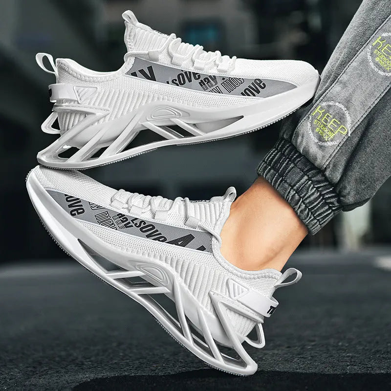 Men's casual exercise shoes with fly woven mesh upper in black, red, white, or blue