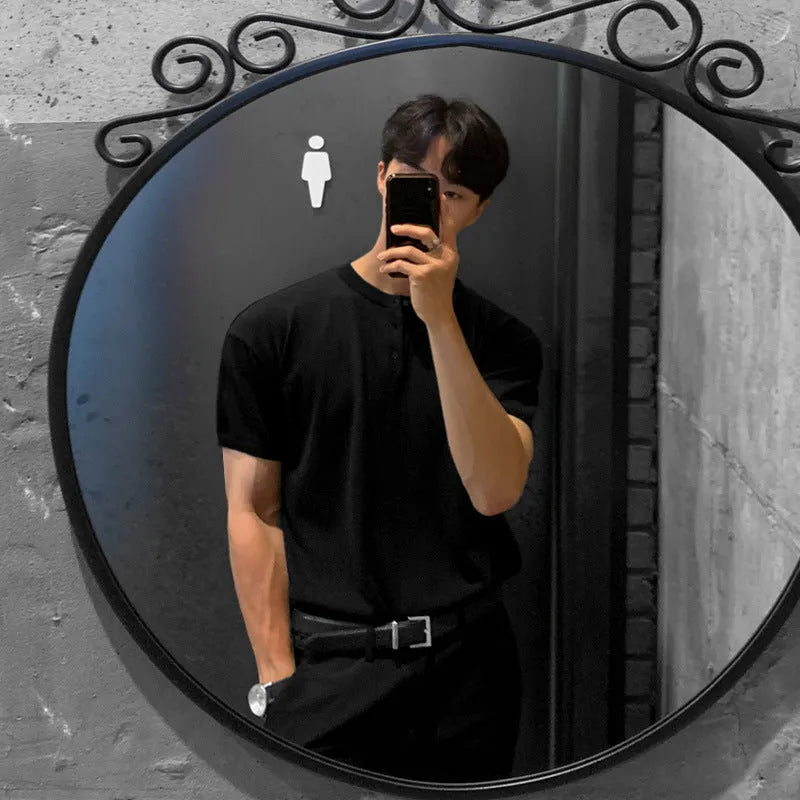 Men's black slim-fit short-sleeved ice silk knitted shirt on a hanger