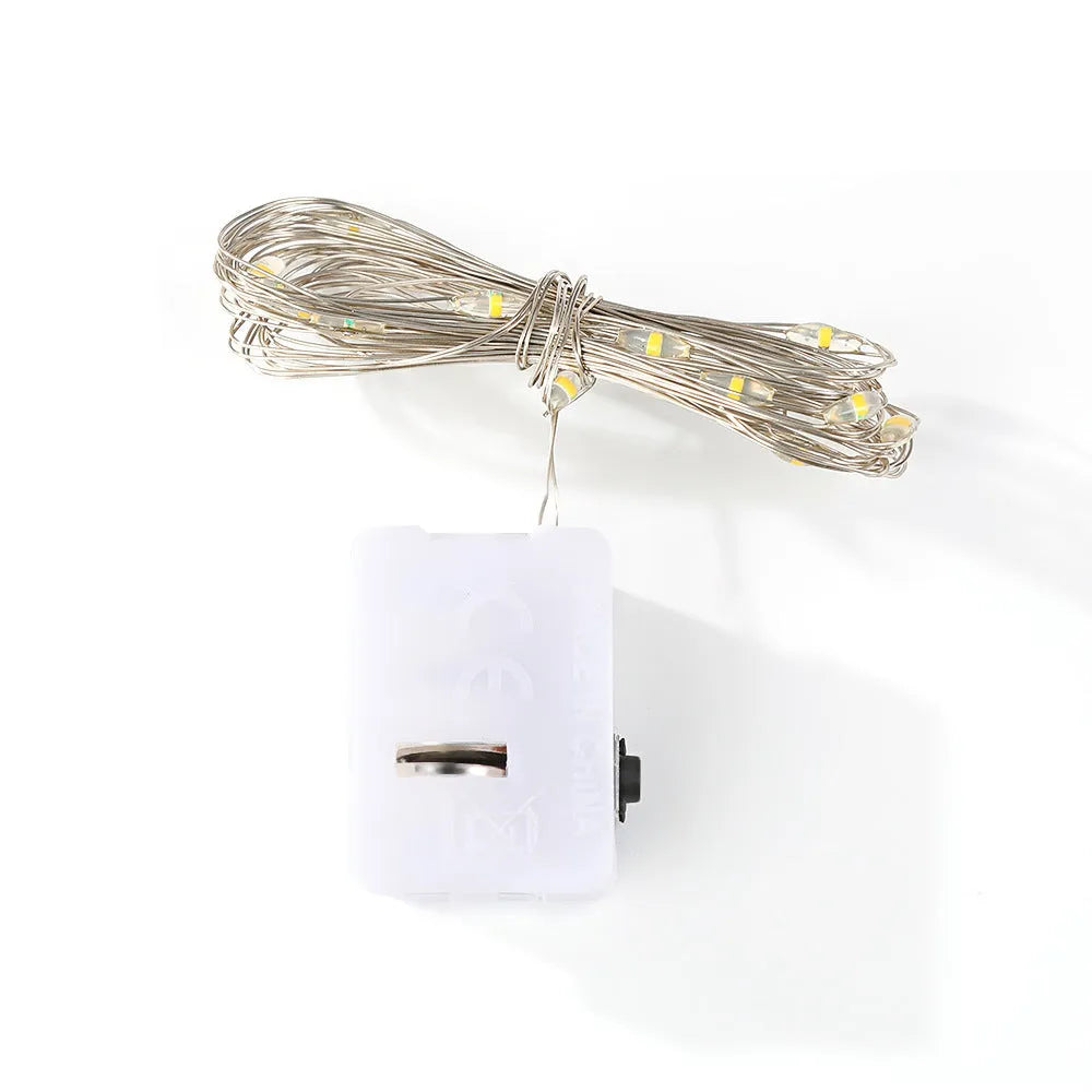 2m LED copper wire string lights in small white box with button battery power three gear colour modes