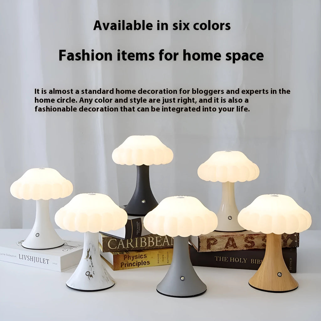 Creative mushroom-shaped touch night lamp in wood grain, white, cream, grey, or black colour options