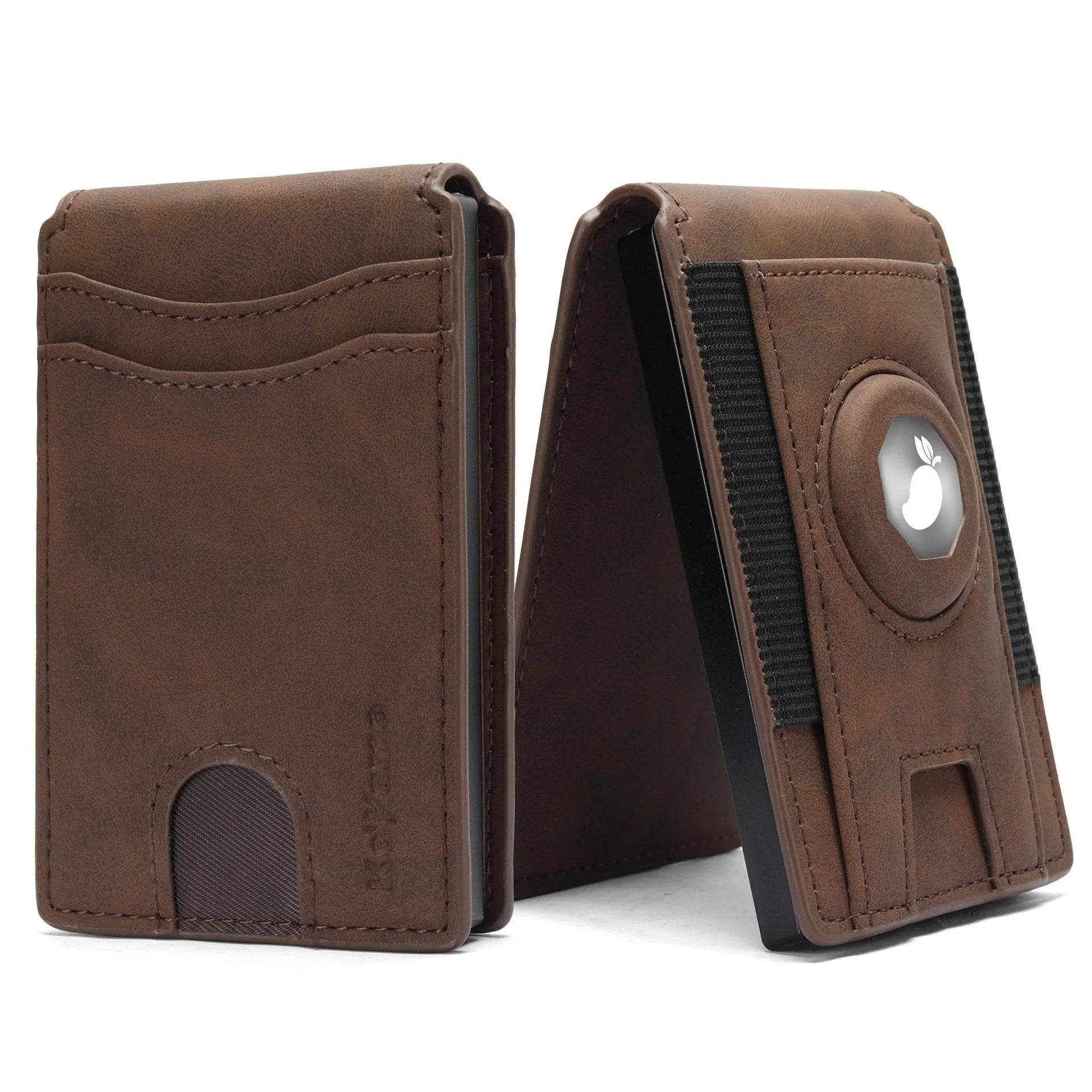 Men's synthetic leather card holder with RFID blocking in black, dark brown, and light brown colours showing card slots and front pocket