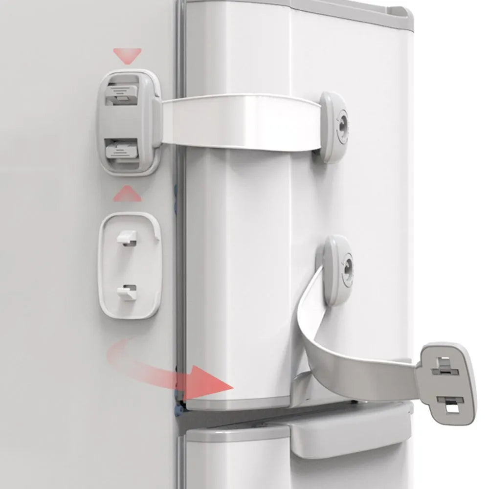 Adjustable child safety cabinet lock with strap and 3M adhesive backing