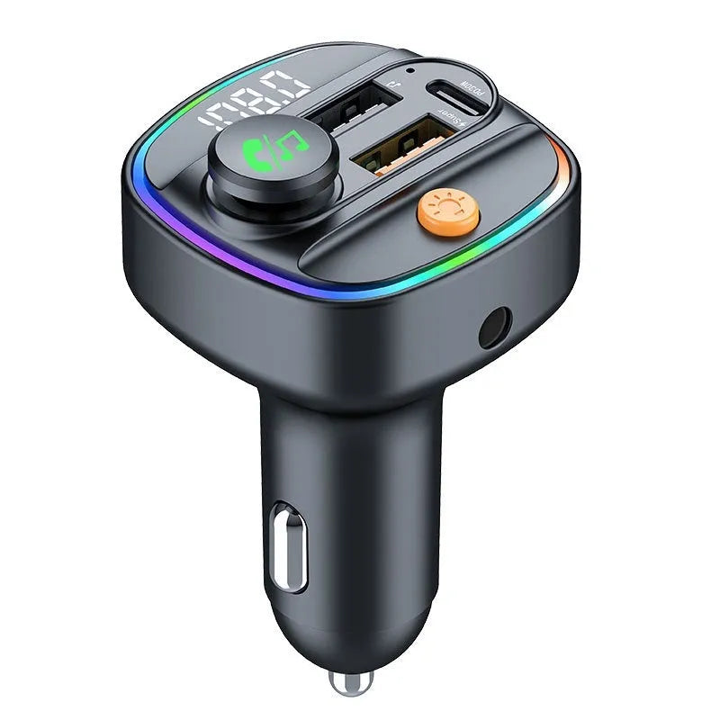 Multifunctional car charger with 1.8 inch display, ABS casing, and MP3 function in black finish