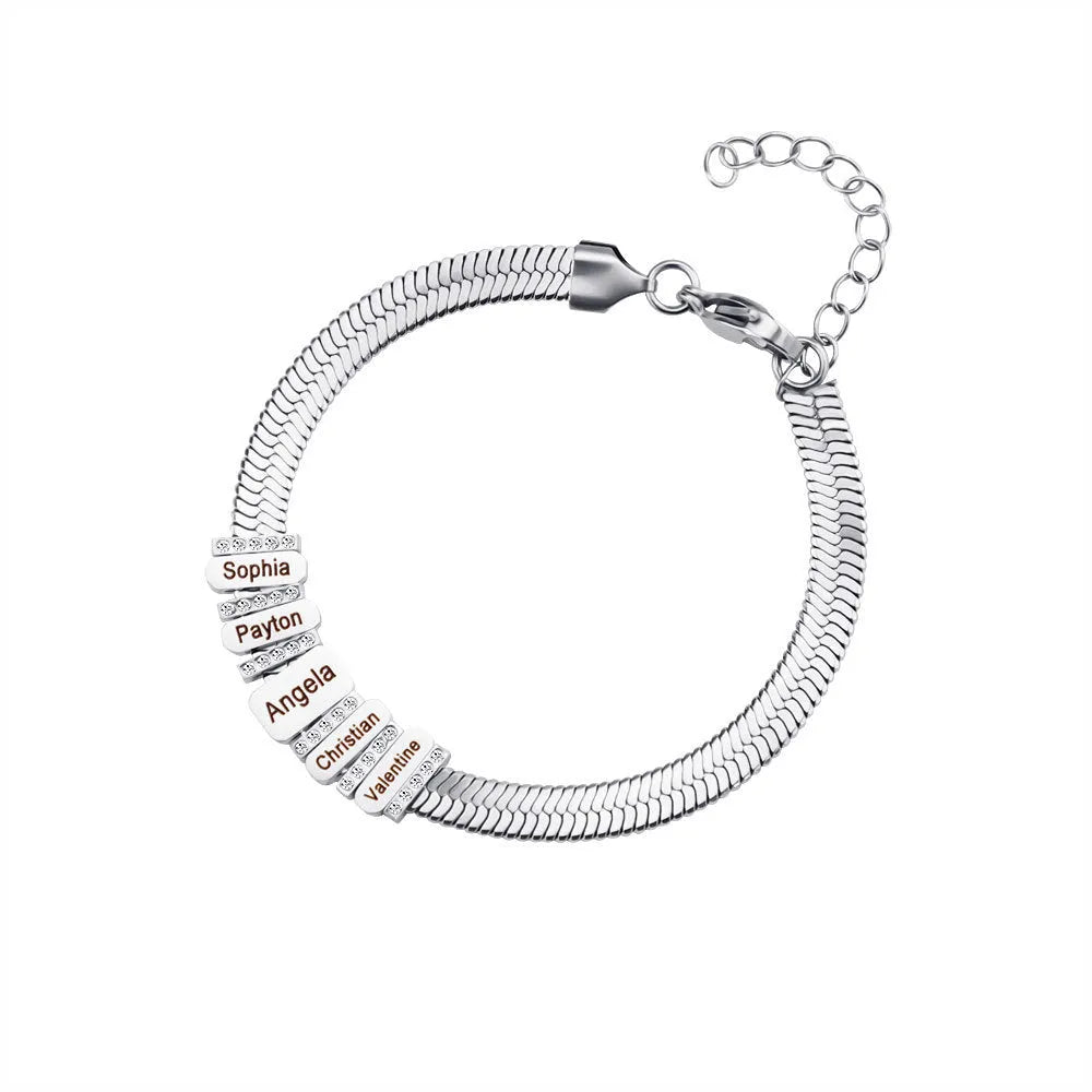 Custom names beaded stainless steel bracelet in steel colour with engraved beads