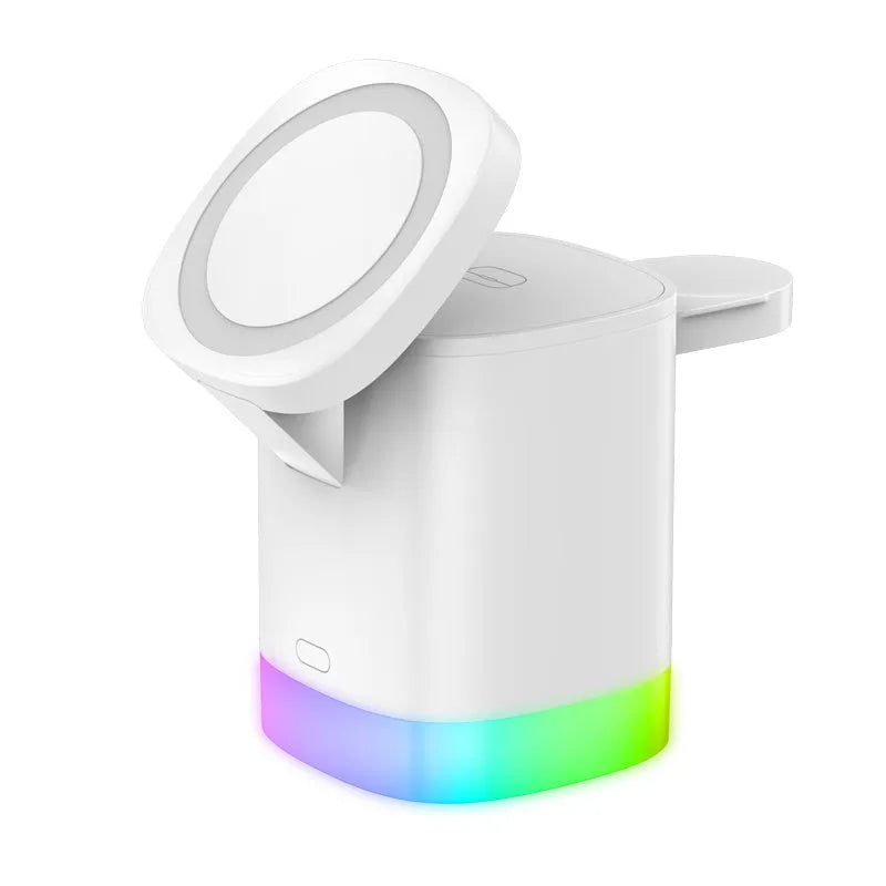 Black foldable 3-in-1 magnetic wireless charging station showing phone, watch and earbuds charging with RGB light on.