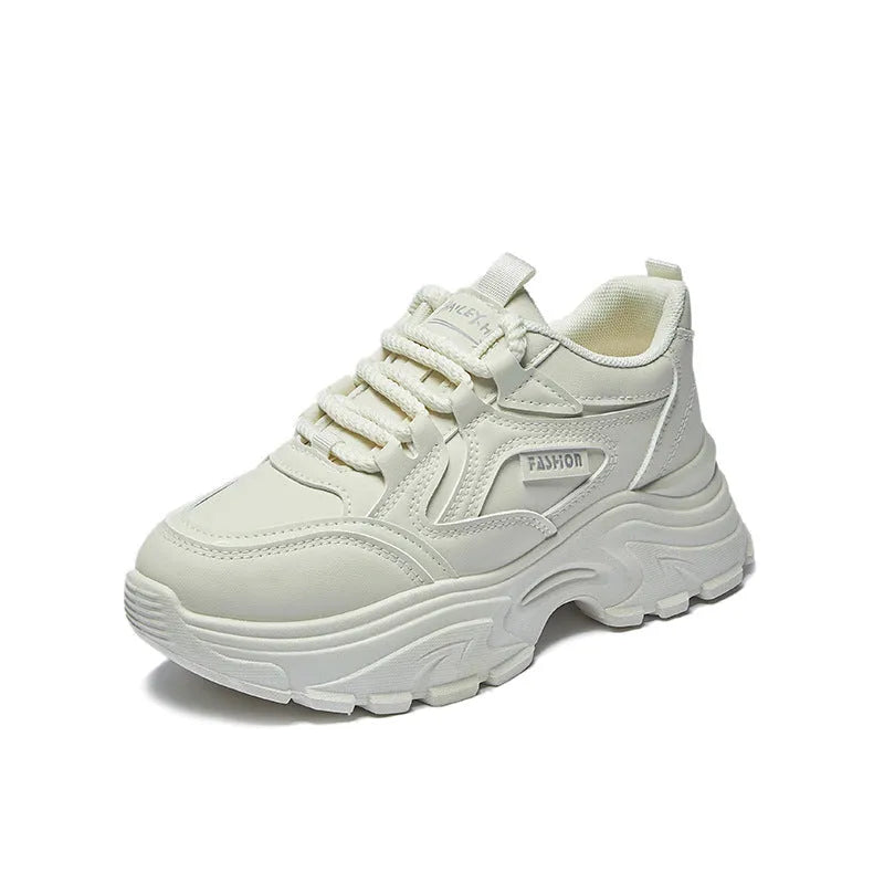 Breathable height increasing low-top shoes for women, artificial PU upper, round toe, black colour, side view