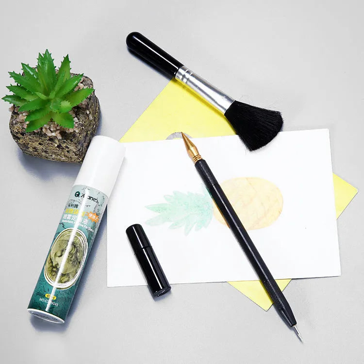 Scratch painting tools kit showing healing pen models, scrapers, brushes, and photo frames for creative art projects