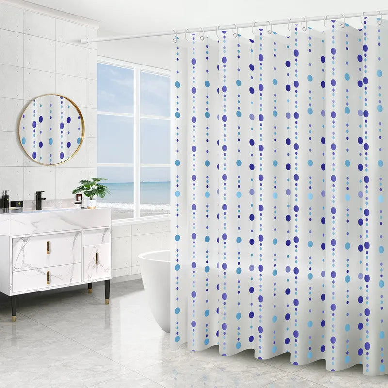 PEVA shower curtain with stainless steel buttonholes in a geometric pattern, available in multiple sizes and colours
