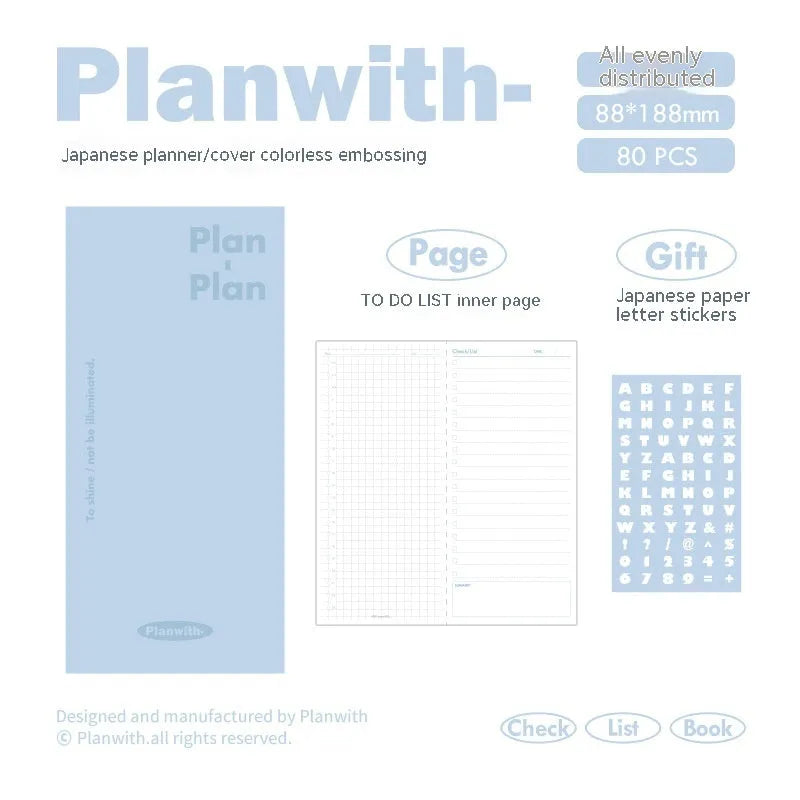 Embossed simple visual daily meter book notebook open, showing white 100g paper, available in blue, grey, purple, white, and protective cover colours.