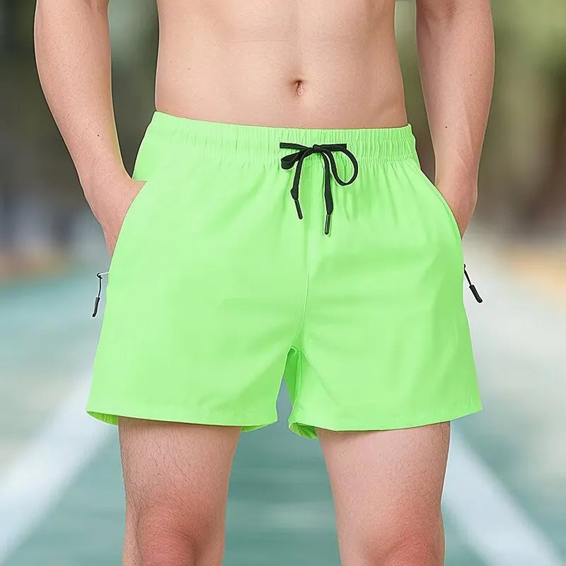 Black ice silk polyester fitness shorts with high waist and drawstring, shown flat.