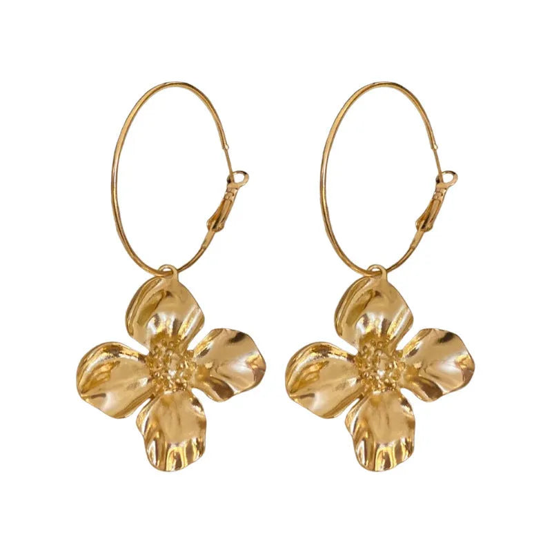 Vintage silver and gold metal flower earrings with geometric shapes and electroplated finish.