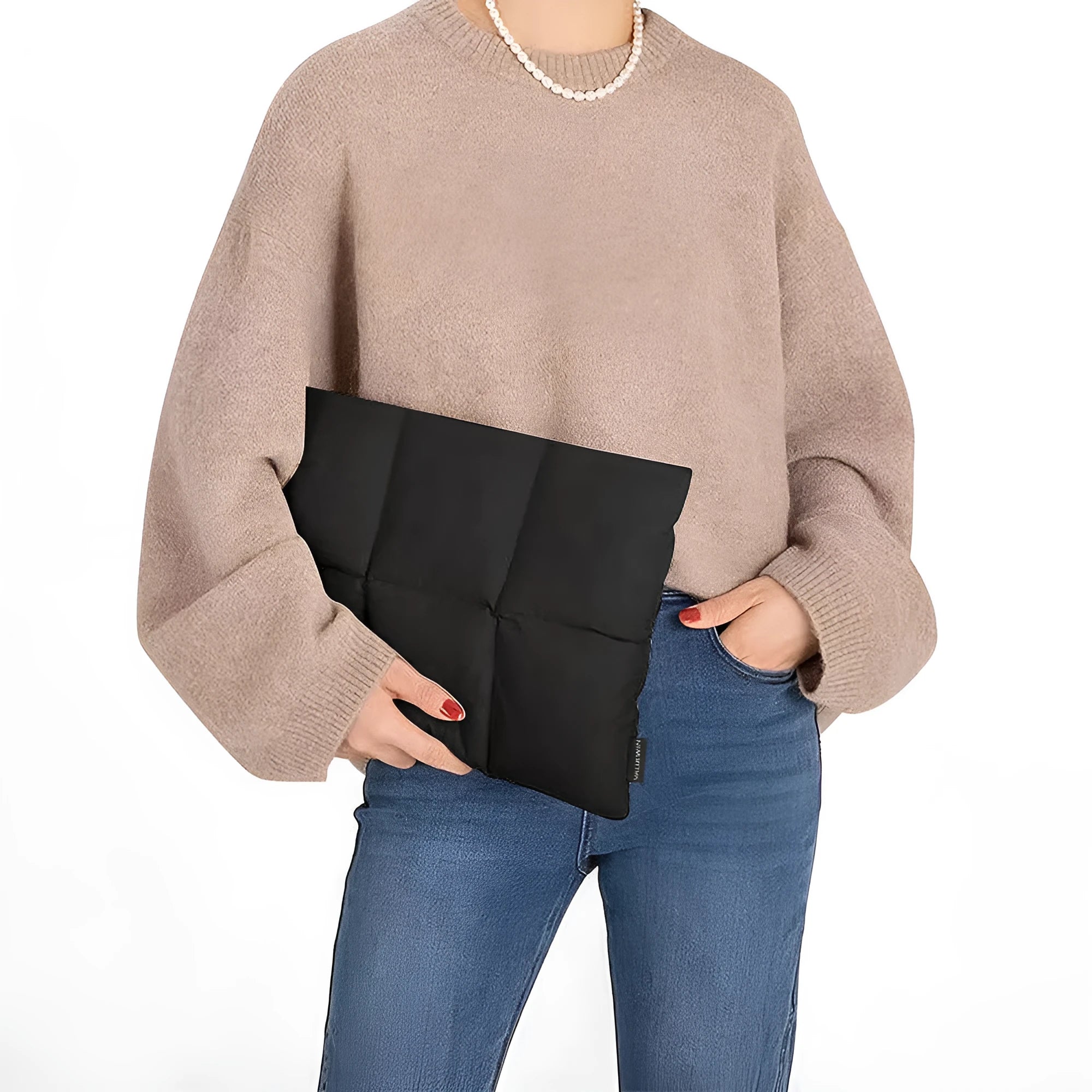 Soft black fluffy laptop sleeve for a 15.6 inch laptop, showing sewn retro style details.