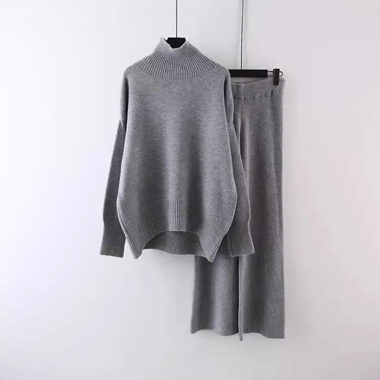 Women's beige acrylic fibre sweater and wide-leg trousers two-piece casual set.