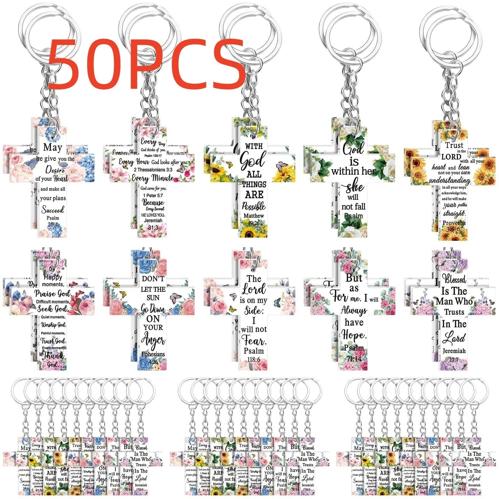 Set of acrylic key pendants with Easter, Halloween, and Christmas designs in clear high-transparency finish