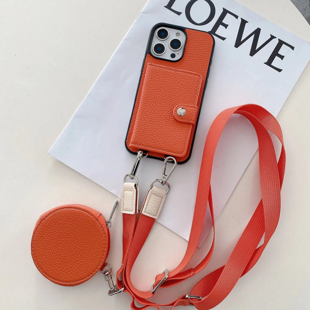 Black PC leather iPhone case with a card slot on the back and a lanyard hole at the corner.