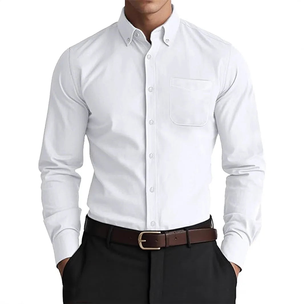 Men's Oxford pure colour casual loose shirt in linen cotton blend, cardigan style, solid colour, relaxed fit for work