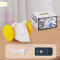Electric moving mouse cat toy with remote control and charging cable on blue background