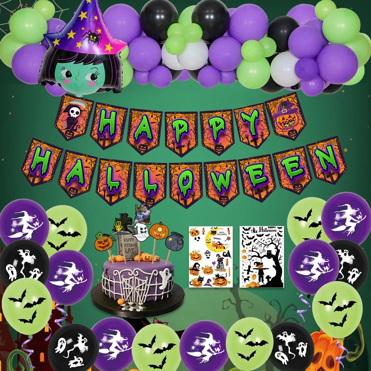 Halloween spider balloon arch decoration set with white and black round latex balloons