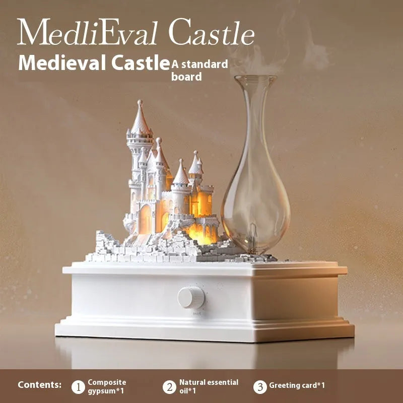 White medieval castle waterless aromatherapy machine with ambient light on a desk.