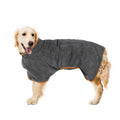 Nylon dog drying towel in grey with orange edge trim shown folded, available in XS to XL sizes