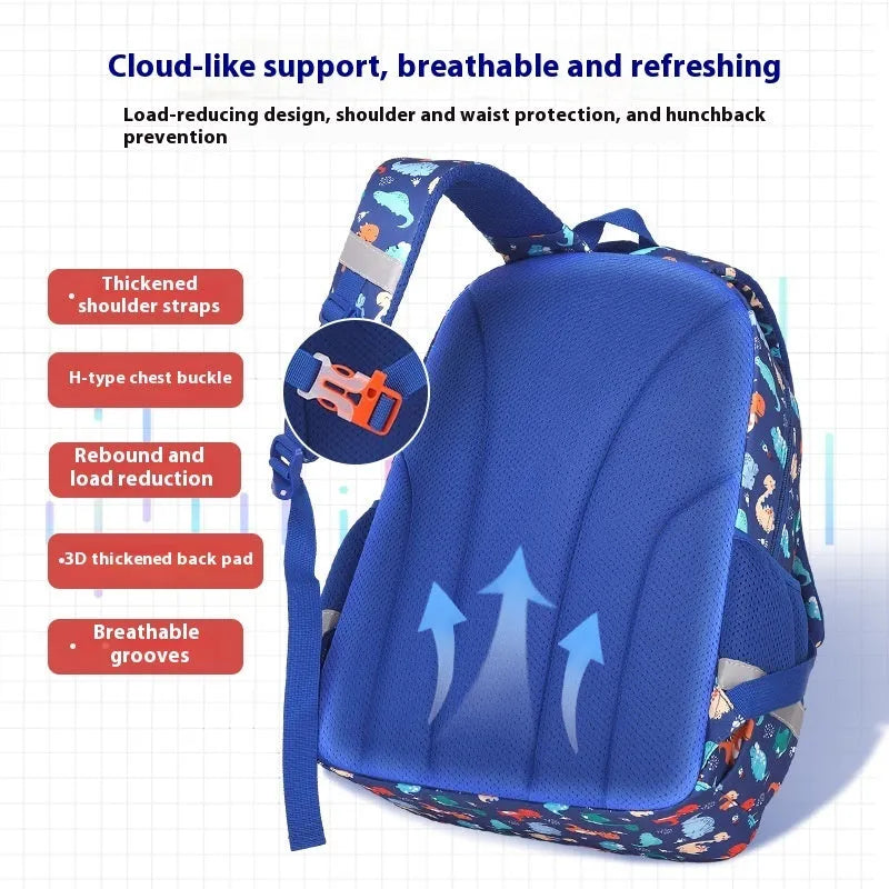 Blue children's Oxford cloth backpack with dinosaur print and curved shoulder straps.