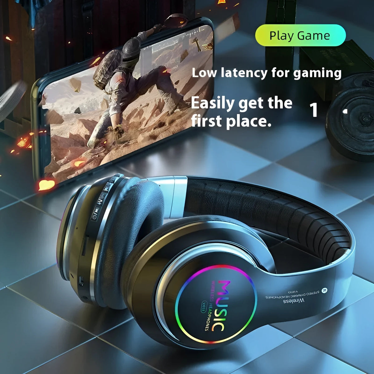Wireless sports Bluetooth headphone in cool black with head-mounted metal stereo design