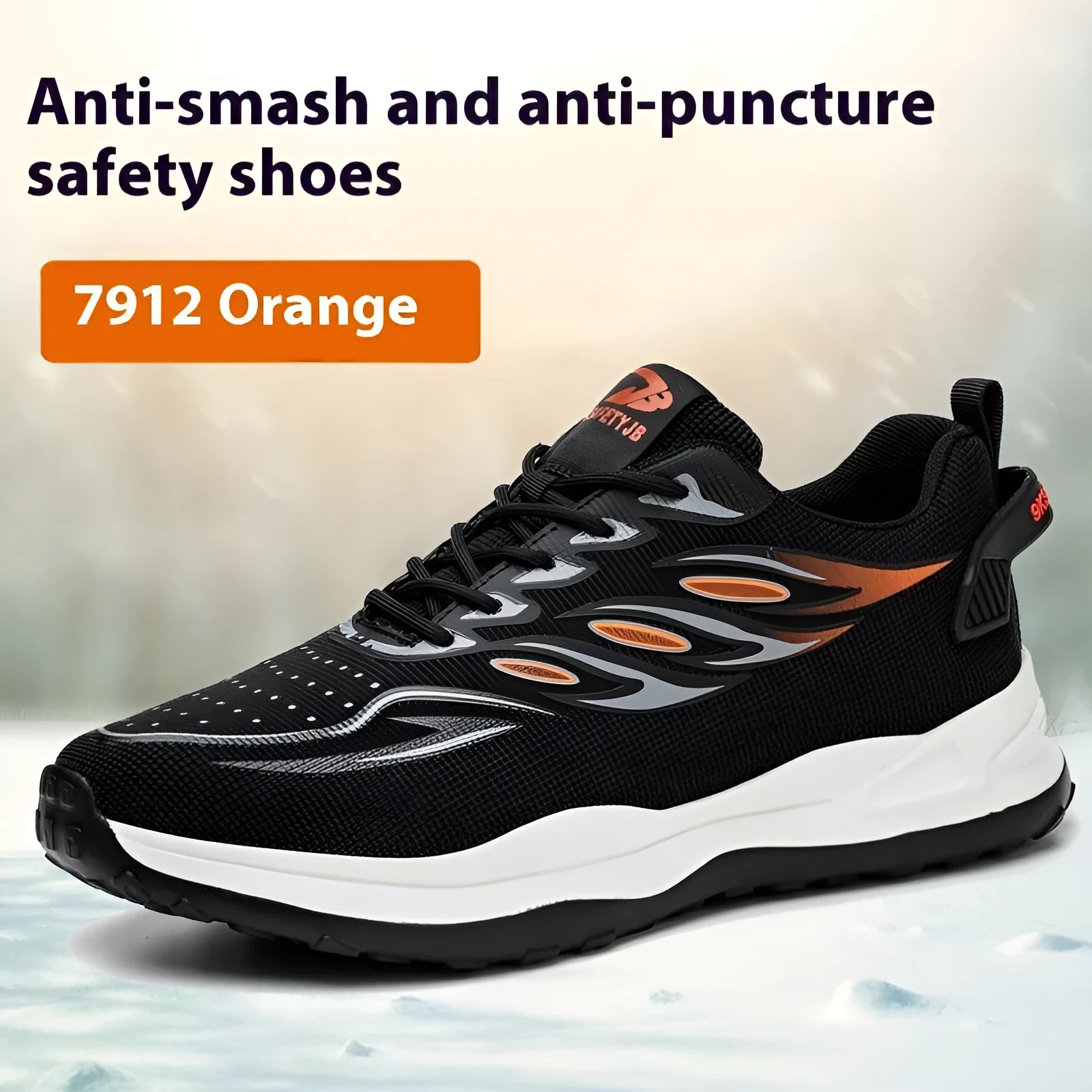 Orange leather labour protection safety shoes with a rubber sole on a work site background