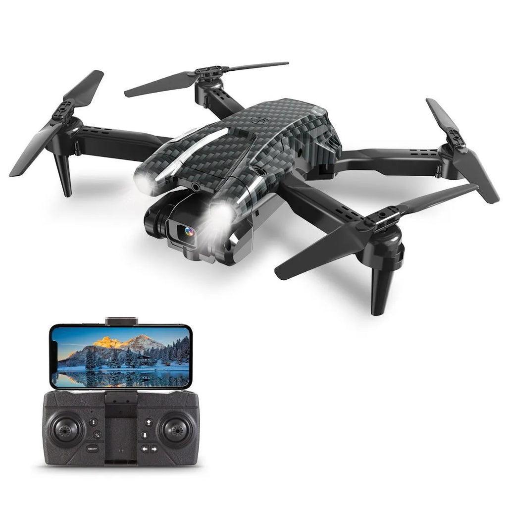 S138 black folding obstacle avoidance drone with dual camera and carbon fibre appearance on display