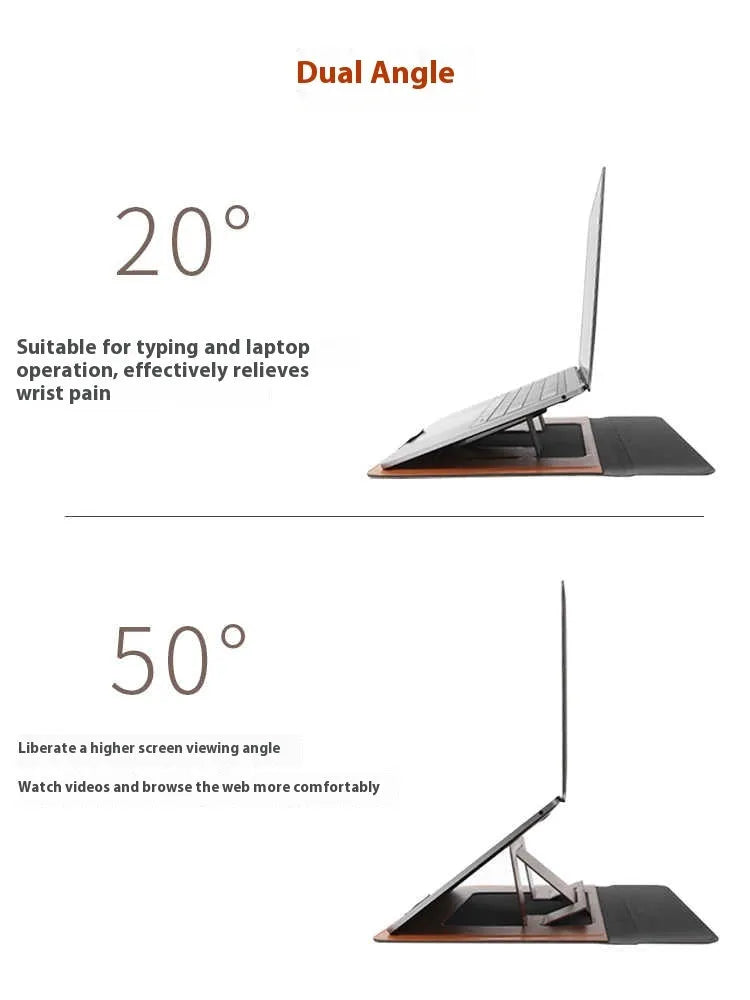 Brown 13.3 inch laptop bracket bag with integrated stand and storage compartments open.