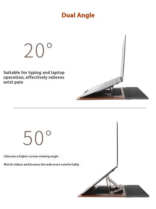 Brown 13.3 inch laptop bracket bag with integrated stand and storage compartments open.