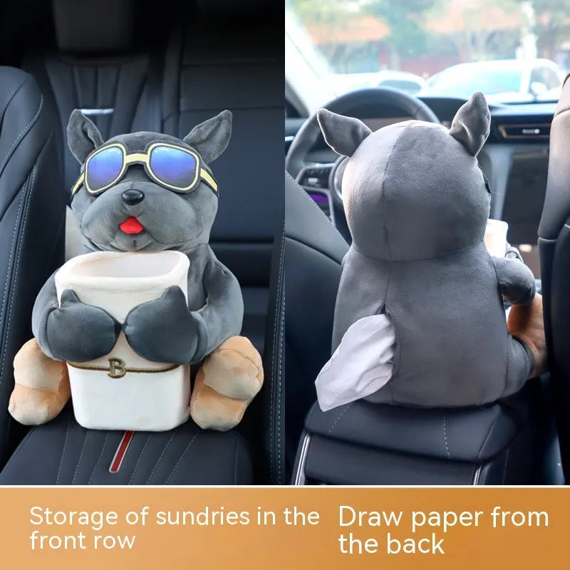 Plush car tissue box hanging on vehicle armrest with character design options