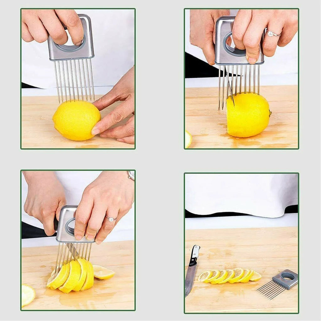 Stainless steel onion holder with sharp prongs and finger guard for cutting vegetables