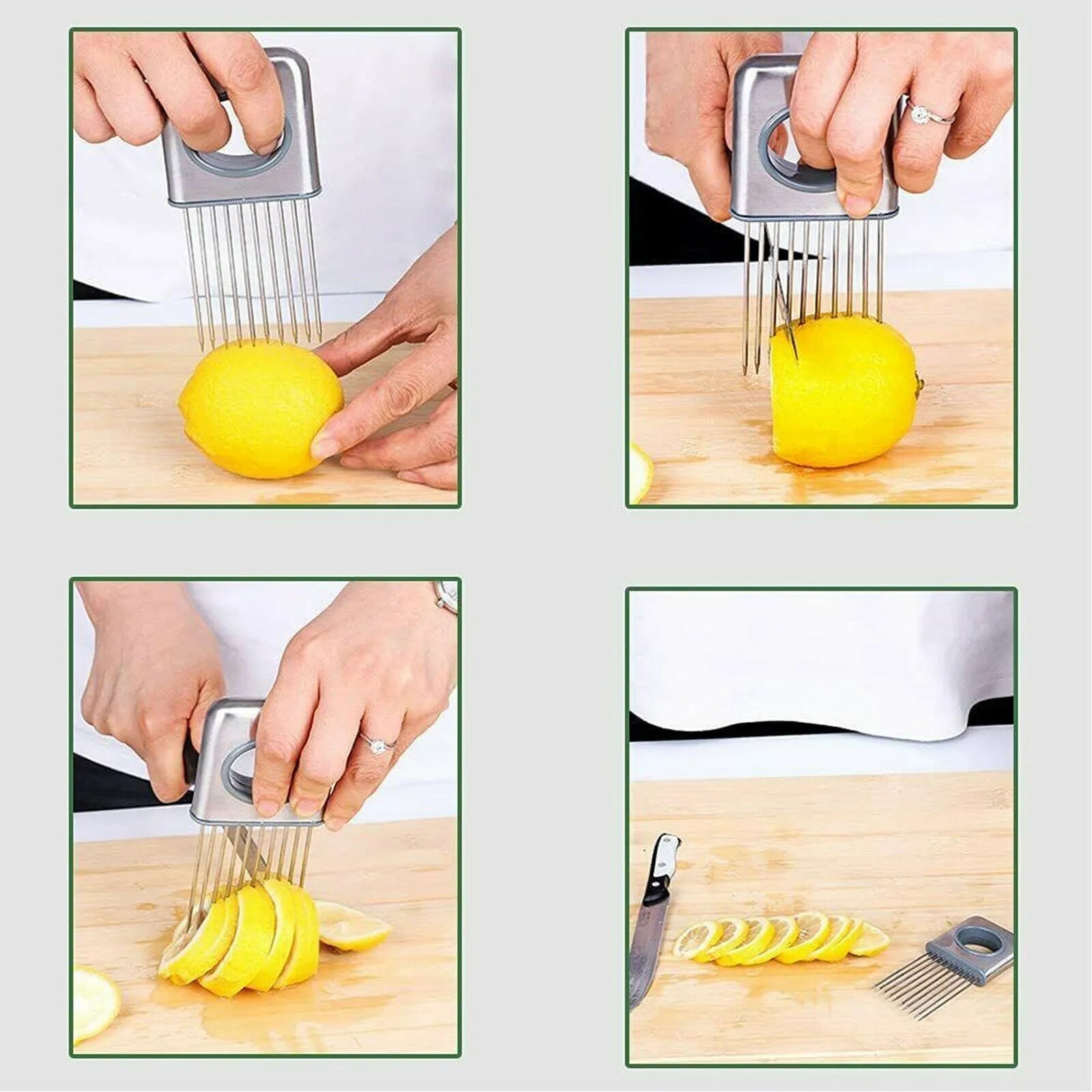 Stainless steel onion holder with sharp prongs and finger guard for cutting vegetables