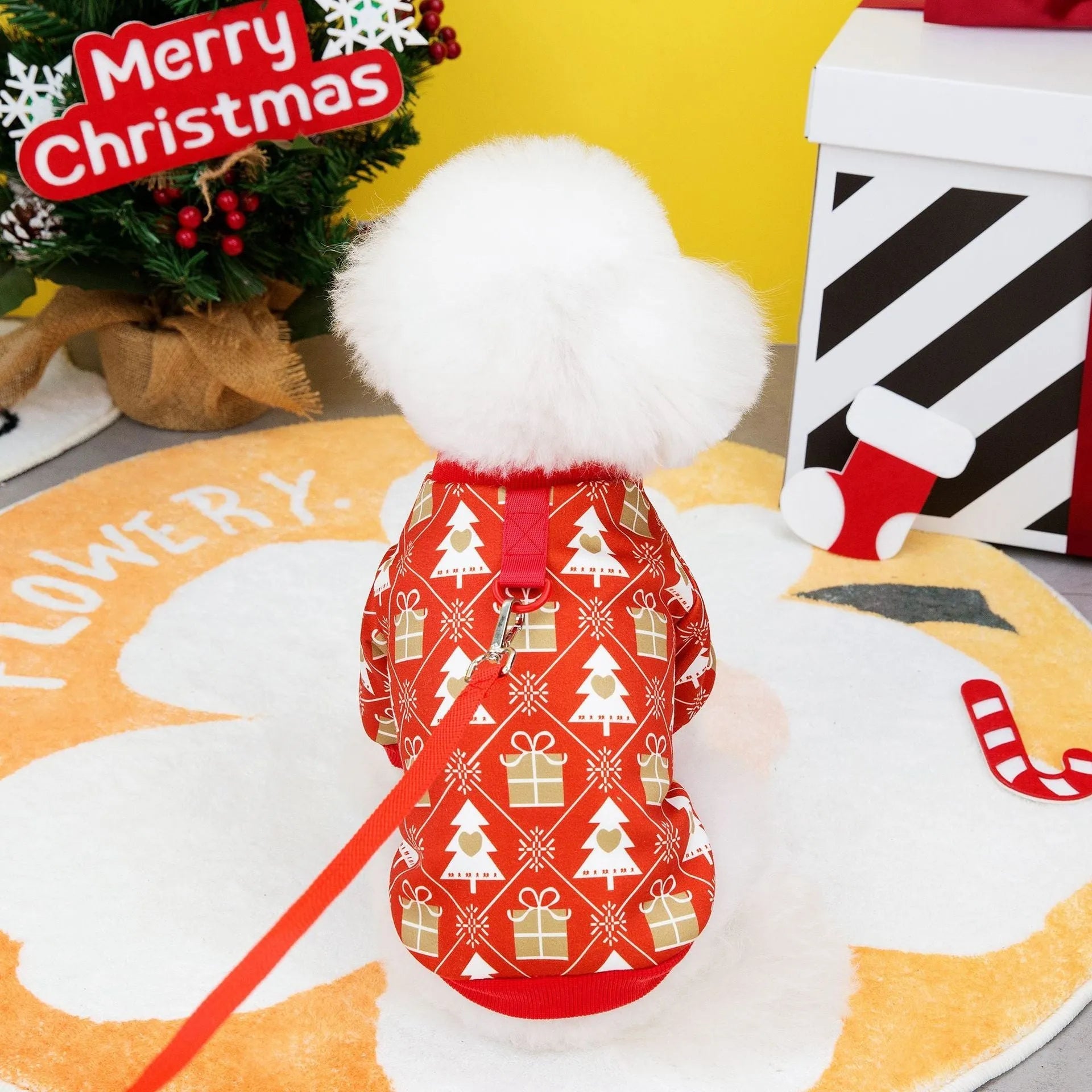 Festive green and red Christmas tree polyester hoodie for dogs, five sizes available