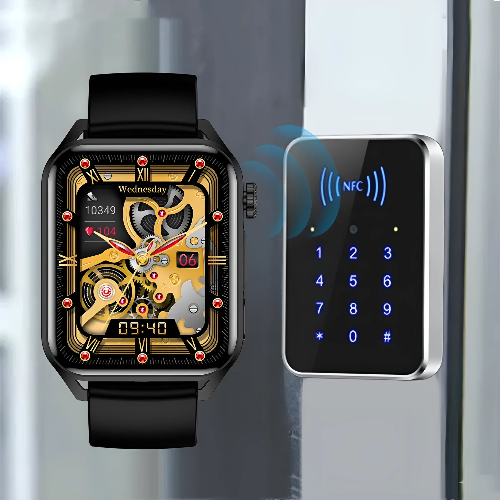 Smart watch with 1.8-inch AMOLED screen, NFC, and silicone strap in three colour options