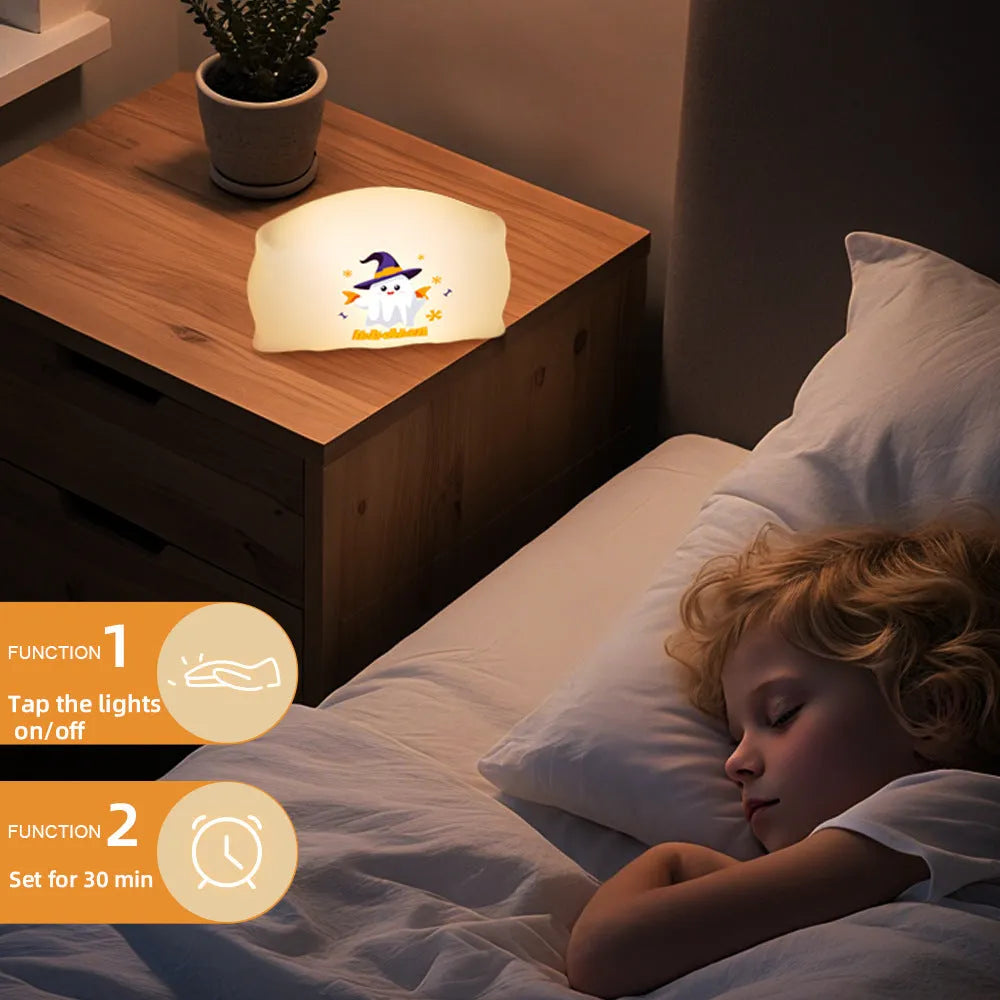 Cartoon creative Halloween doll table lamp with warm light, 99x70x50mm, Magic Ghost colour, on a bedside table
