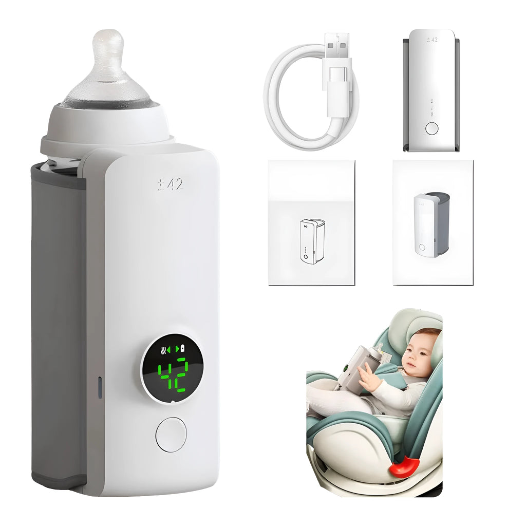 Portable wireless baby bottle warmer with USB charging cable showing wrap-around non-woven design