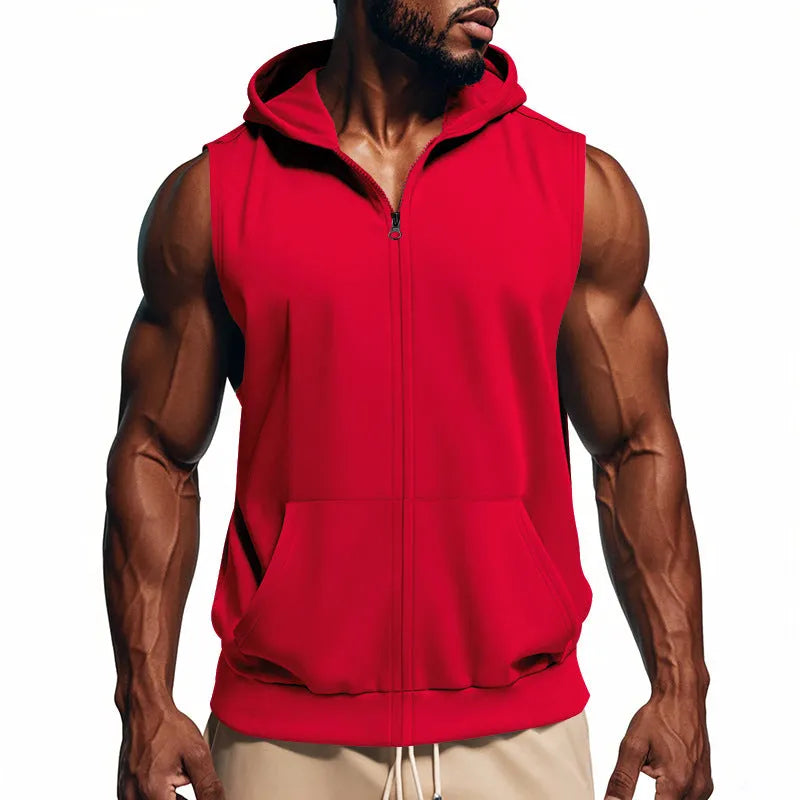 Men's sports fitness training zip-up sleeveless vest hooded summer top solid colour twill fabric