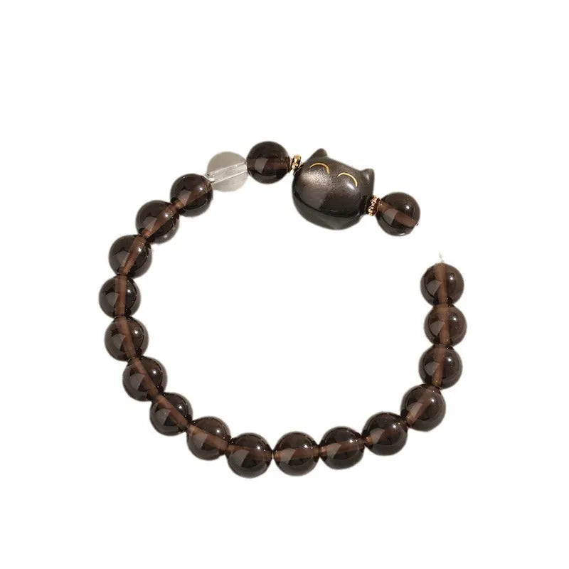 Women's opal cat head bracelet with 8mm ice stone beads and adjustable chain in natural silver stone colour