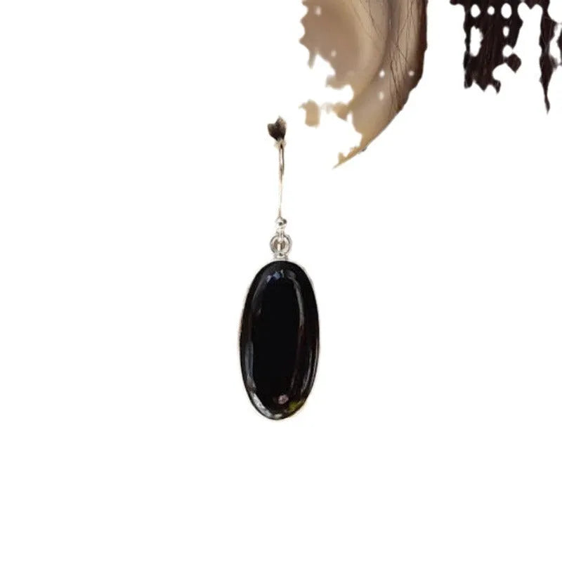 Black oval agate geometric pendant earrings with 925 silver electroplated alloy for women