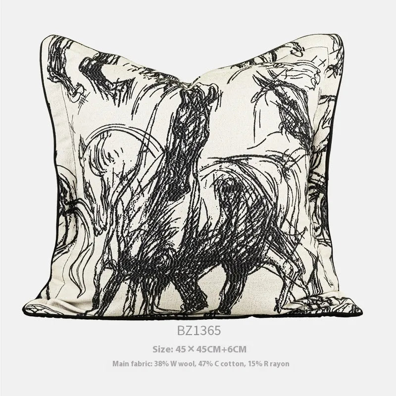 Close-up of a golden horse abstract design on a textured jacquard cushion cover in a choice of colours.
