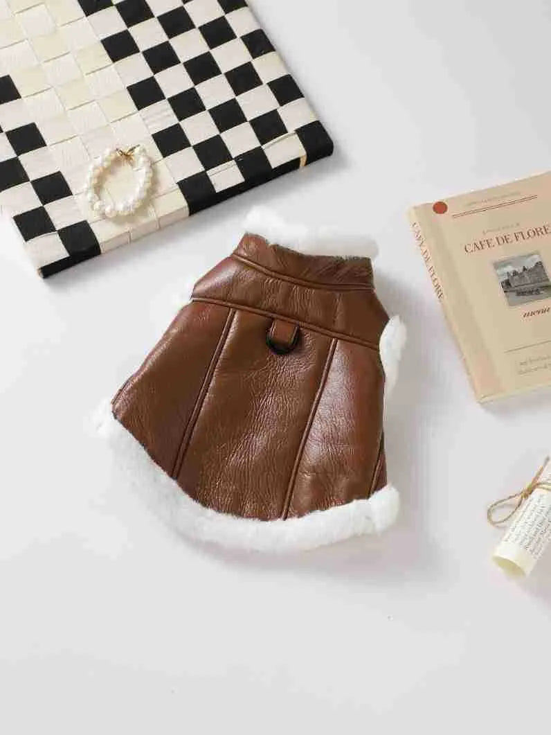 Black leather dog jacket shown on a medium-sized dog for autumn and winter wear.